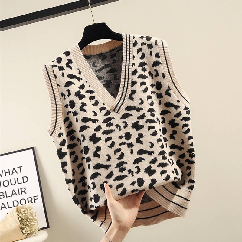 Leopard V-neck Sweater Vest Women's Loose Wild Pullover Knitted Sleeveless Sweater