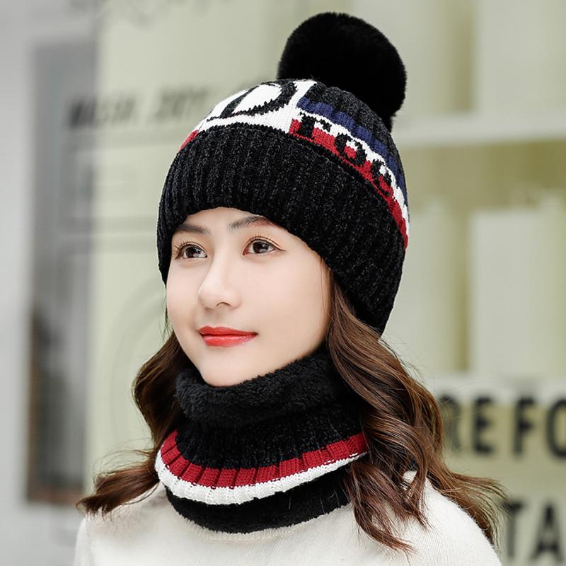 Winter Hat Fur PomPoms Ball Knitted Hats Scarf Set Women Beanie Hat Thick Skullies Female Cap