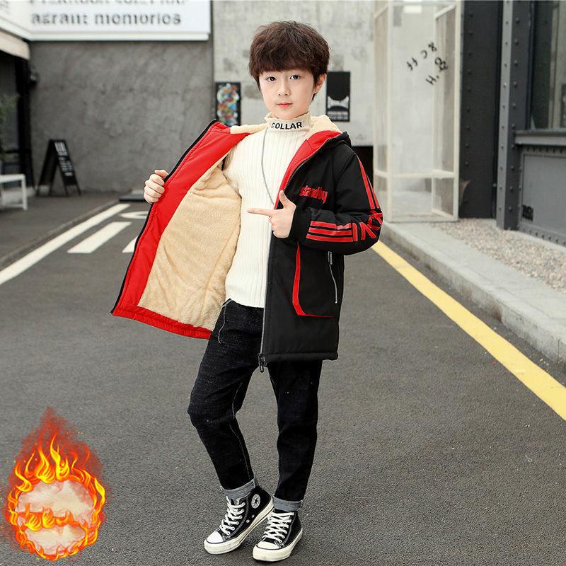 Winter Clothes Plus Cotton Thickening Boys Plus Fleece Jacket Big Children's Cotton Jacket Boy Jacket Children's Mid-length Cotton Jacket