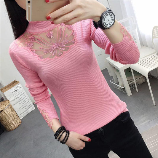 Autumn and Winter Korean Sexy Hollow Diamond-studded Sweater Women's Pullover Sweater Stretch Mesh Embroidery Lace Base Sweater