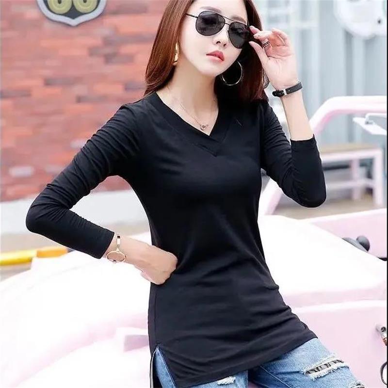 Women T Shirt Solid Color Long Sleeve Top Ladies Slim Tee Shirts Autumn Spring Fashion Tops Tee Female V-neck Pullover