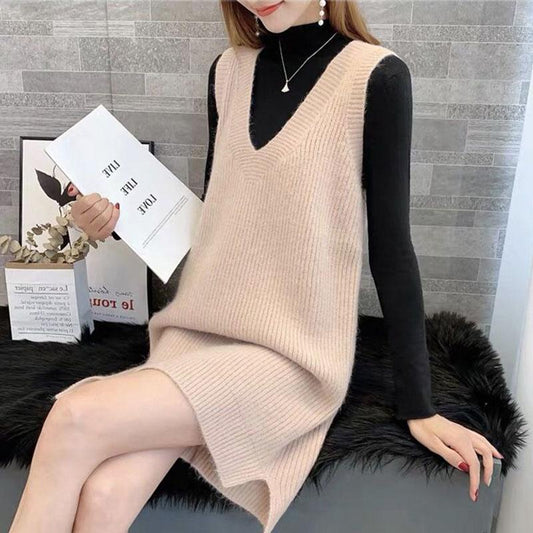 Autumn and Winter Long Knitted Sweater Loose V-neck Versatile Dress Casual Solid Color Women's Vest Dress