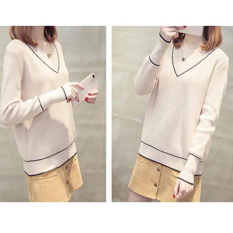 Autumn and Winter V-neck Sweater Pullover Short Loose Bottoming Shirt All-match Sweetheart Neck Female Top