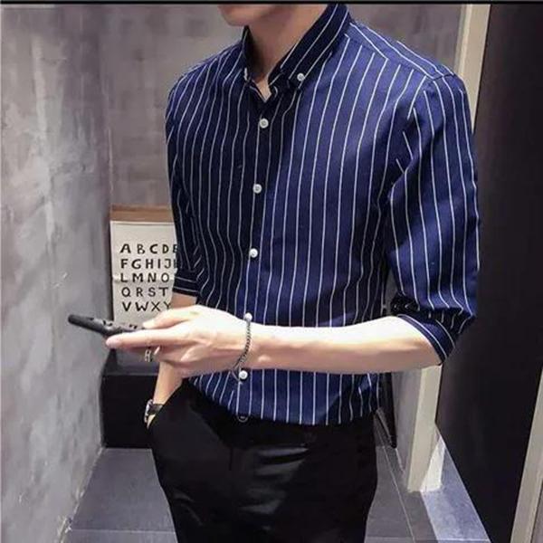 Men's Spring and Summer Striped Long-sleeved Shirt Black and White Plaid Shirt Casual Trend Bottoming Shirt