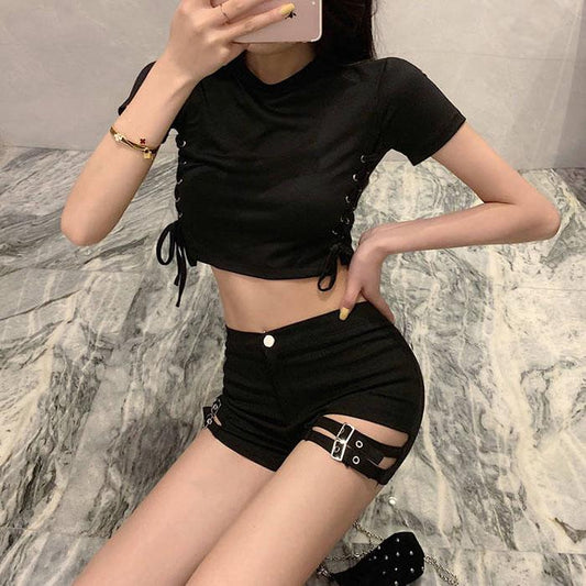 S-XL Summer Women Black High Waist Leg Loop Shorts Student Sexy Anti-light Thin Mini Pants