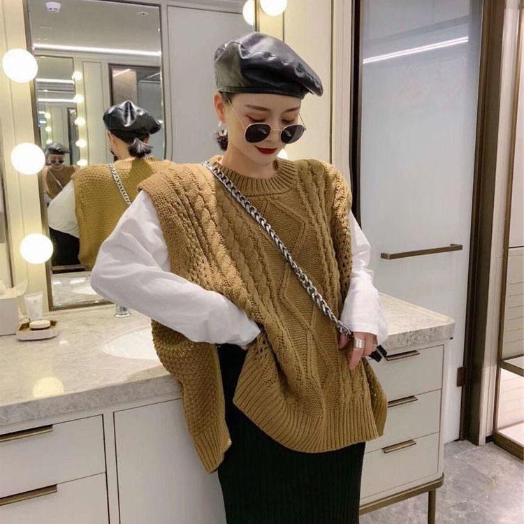 Solid Color Loose Sleeveless Sweater Women's Fashion Round Neck Pullover Waistcoat Lazy Warm Knitted Vest