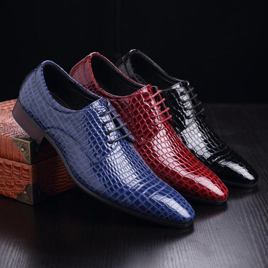 Crocodile Pattern Pointed Toe Leather Shoes Men's Wedding Shoes Patent Leather Business Shoes