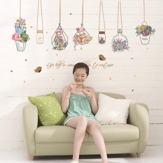 Basket potted bedroom bedside living room romantic creative PVC removable wall sticker painting