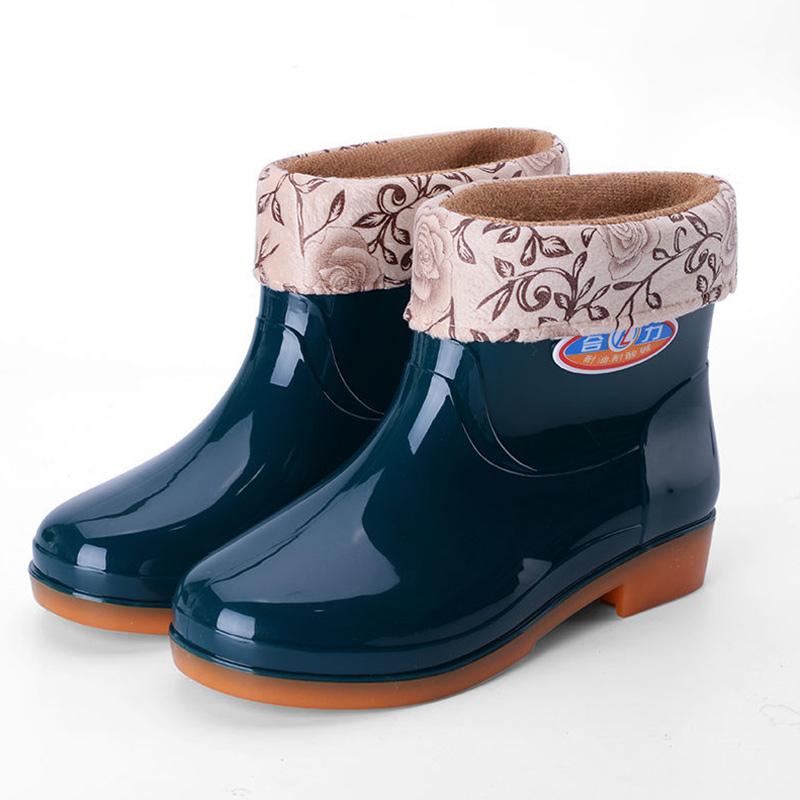 Rain Boots Ladies Mid-tube Plus Velvet Warmth and Non-slip Water Shoes High-tube Rubber Shoes Plus Cotton Thick Water Boots Overshoes