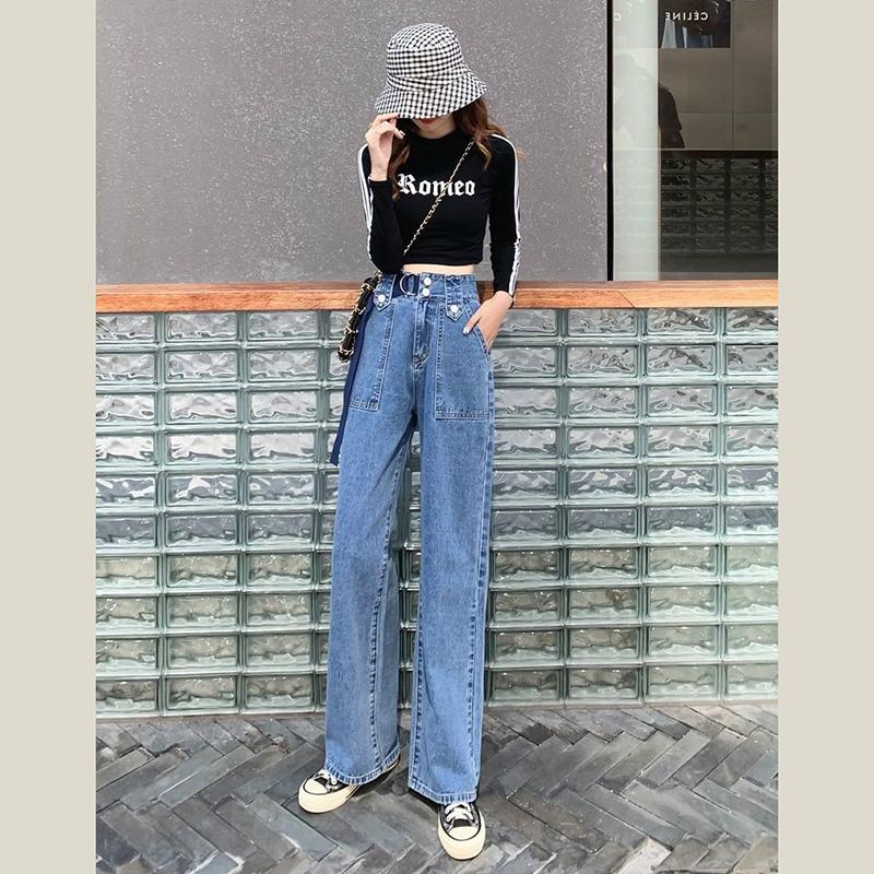 WTEMPO Double Breasted Adjustable Women's High Loose Casual Washed Denim Straight Long Wide Leg Pants