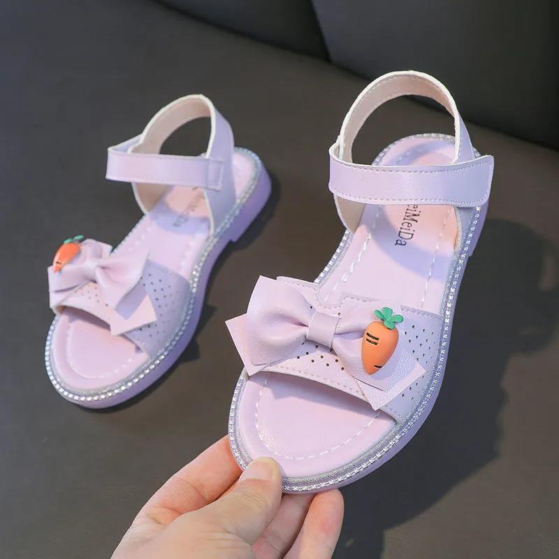 Girl's Sandals In Summer Elegant Girl's Princess Shoes Crystal Soft Bottom Cartoon Carrot Bowknot Big Children's Fish Mouth Cool Shoes