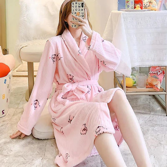 Nightgown Women's Winter Long Sleeves Bathrobe Coral Fleece Pajamas Dress Cute Cartoon Pocket Plus Velvet Thick Bathrobe with Belt