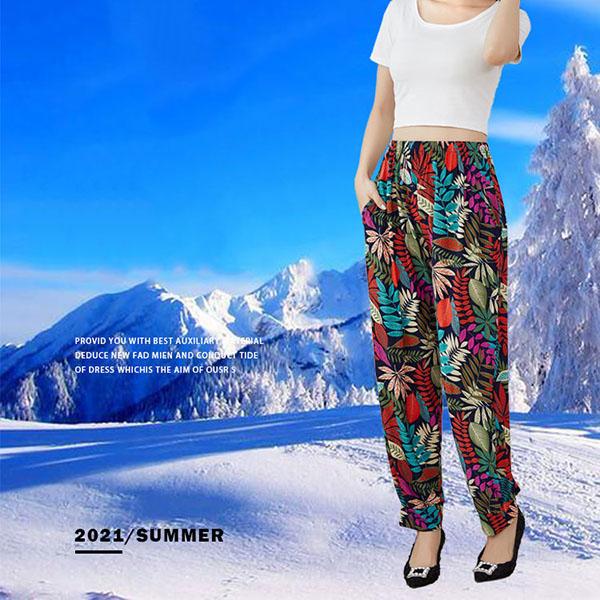 Women's Summer and Autumn Large Size Pants Soft Mother's Jogger Pants Loose Printed Pants Elastic Waist Casual Cropped Pants