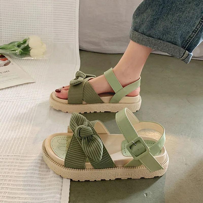 Women's Summer Flat Sandals Cute Bow Roman Thick-soled Beach Shoes Non-slip Comfortable Breathable Sandals