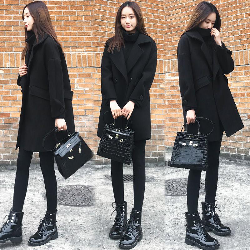 Cotton Thickened Mid-length Woolen Coat Autumn and Winter Loose and Thin Black Woolen Coat