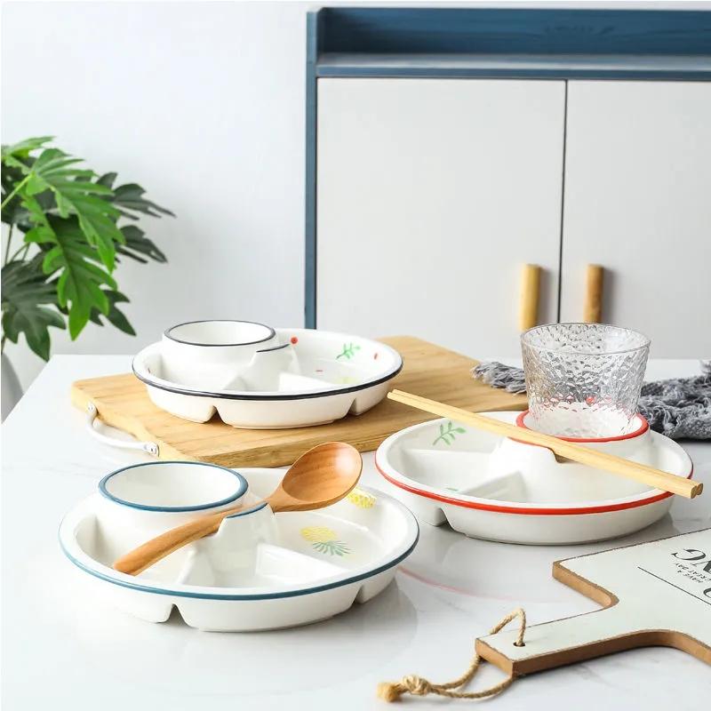 Japanese-style Tableware Creative Ceramic Divider Dish Three-grid Rice Plate Children's Dinner Plate Dim Sum Breakfast Plate Household Dish