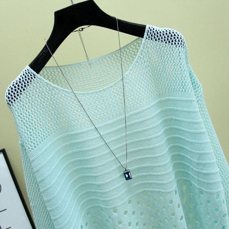 Summer Thin Bottoming Blouse Hollow Top Loose Pullover Knitted Sweater Women's Sunscreen Solid Color Breathable T-shirt