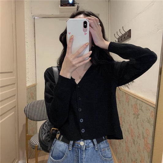 Spring and Autumn Style V-neck Cardigan Jacket Long Sleeve Thin Slim Sweater Short Sleeve Sweater Women Trendy