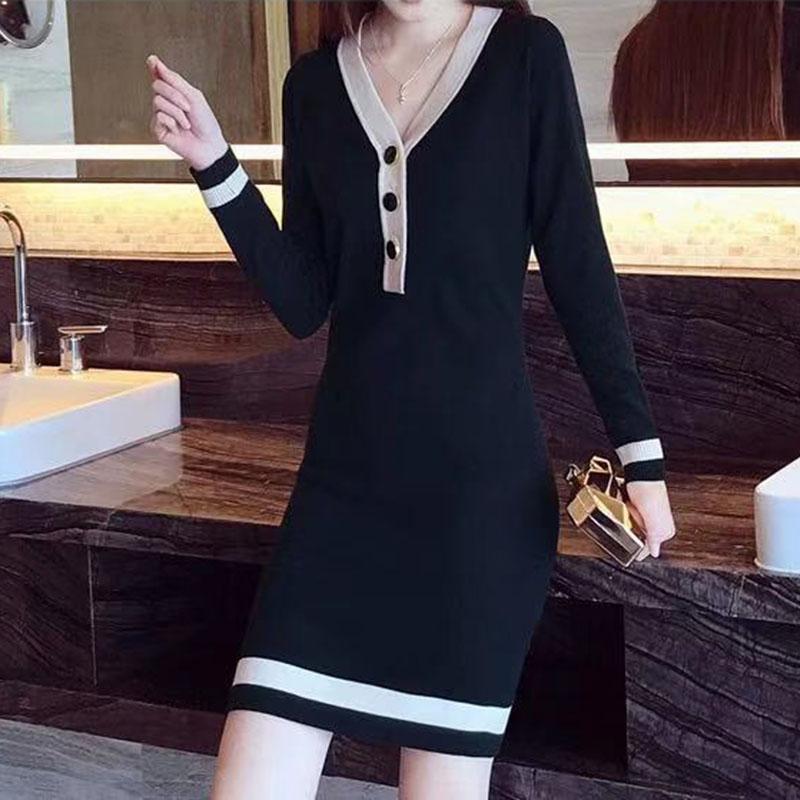 Autumn and Winter Plus Size V-neck Dress Long Sleeve Slim Knit Bottoming Shirt Fashion Simple Button Sweater Skirt