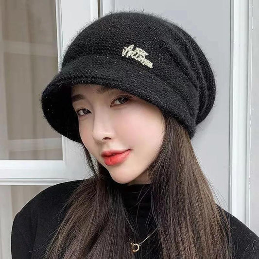 Women's Autumn Winter All-match Korean Version Warm Pile Hat Knitted Woolen Hat Solid Knitting Hat with Brim Rabbit Hair Blend Rhinestone Hat