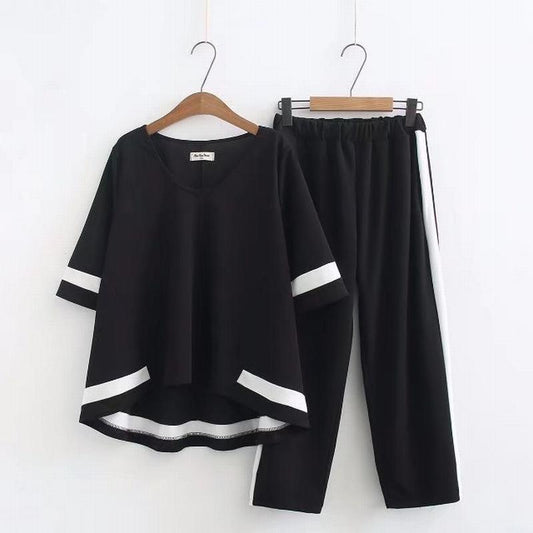 WTEMPO 2pcs Black White Suit Women Shirt Elastic Waist Shorts Short Sleeves L-XXXXXL Casual Two-piece Suit