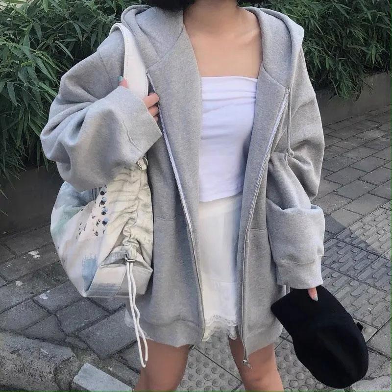 Women's Solid Color Cardigan Korean Version Loose Hooded Sweater Plus Velvet Casual Zipper Coat Autumn and Spring Loose Coat