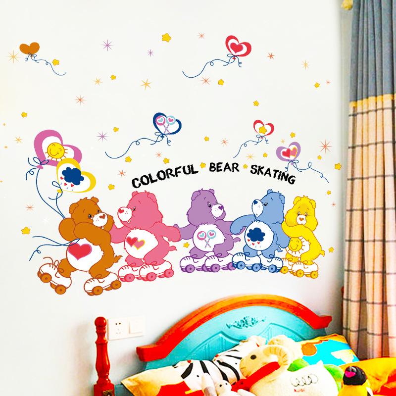 Colorful skating bear cartoon wall stickers background decorative stickers bear family wallpaper