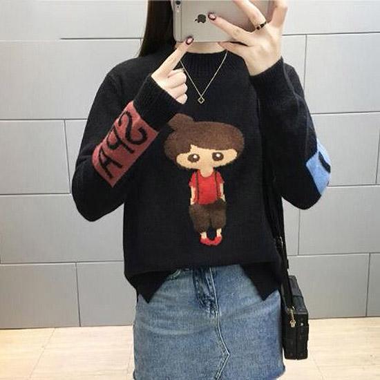 Autumn and Winter Cartoon Sweater Jacket Womens Long Sleeve All-match Knitted Sweater Woman