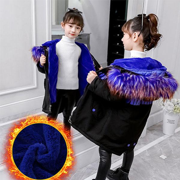 Winter Clothes Plus Cotton Padded Coat for Girls Detachable Plus Velvet Padded Coat Medium and Long Fur Collar Parka  Cotton Padded