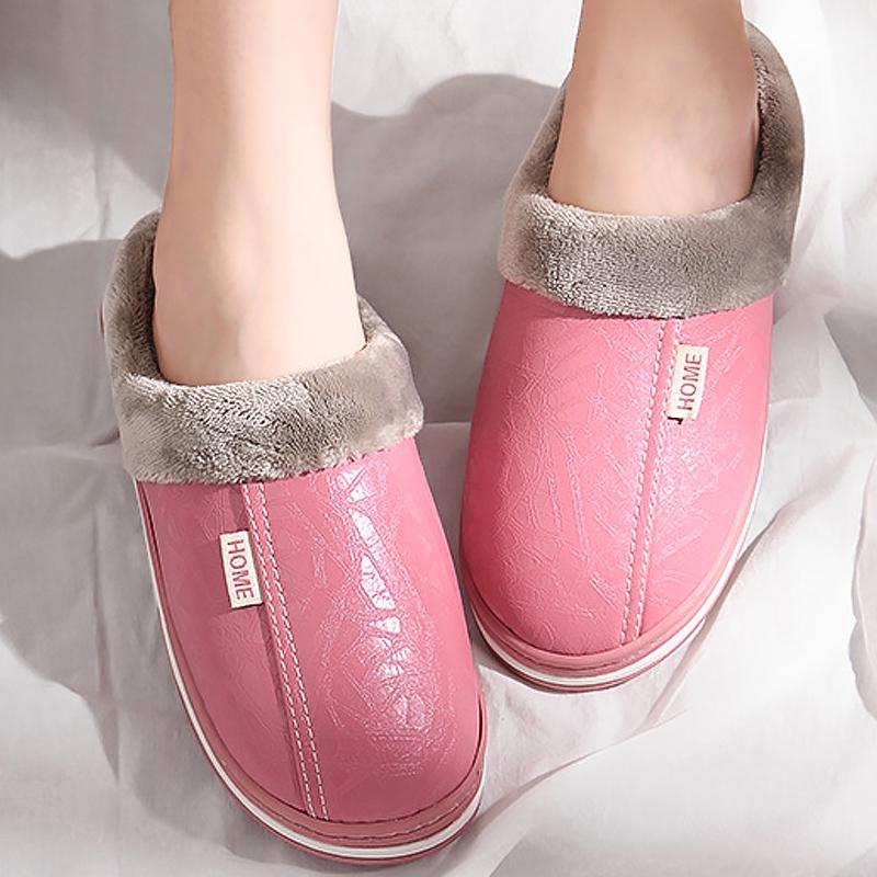 Women's Slippers Leather Winter Windproof Warm Plush Memory Foam Home Slippers for Men House Shoes Plus Size