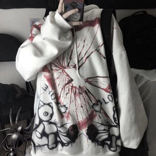 Gothic Punk Hoodies Women Y2K Pullover Sweatshirts Oversized Streetwear Hip Hop Harajuku Hooded Tops White Pink Graffiti Loose Casual Hoodies