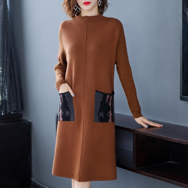 Autumn and Winter Knitted Slimming Dress Mid-length Loose and Simple Base Skirt Fashion Casual Middle-aged Women Sweater Dress