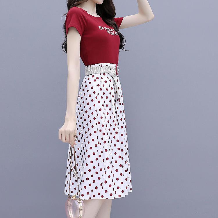 Women Summer Elegant Skirt Suit Slant Shoulder Short Sleeve Print T-shirt & Polka Dot Chiffon Skirt Two Pieces Suit