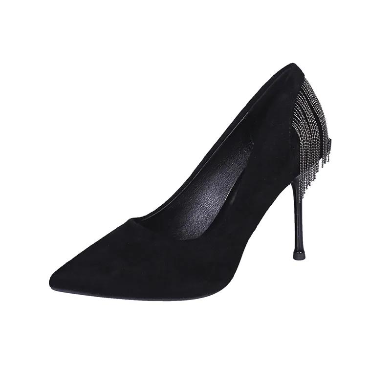 Pointed High Heels Female Spring and Summer Stiletto French Girl Sexy Black High Heels with Fringed Fringe