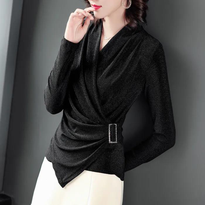 Autumn Long Sleeve Women's Blouse Sexy Cross V-neck Thin Black Female Blouses Spring Casual Office Elegant Lady Top Pullover