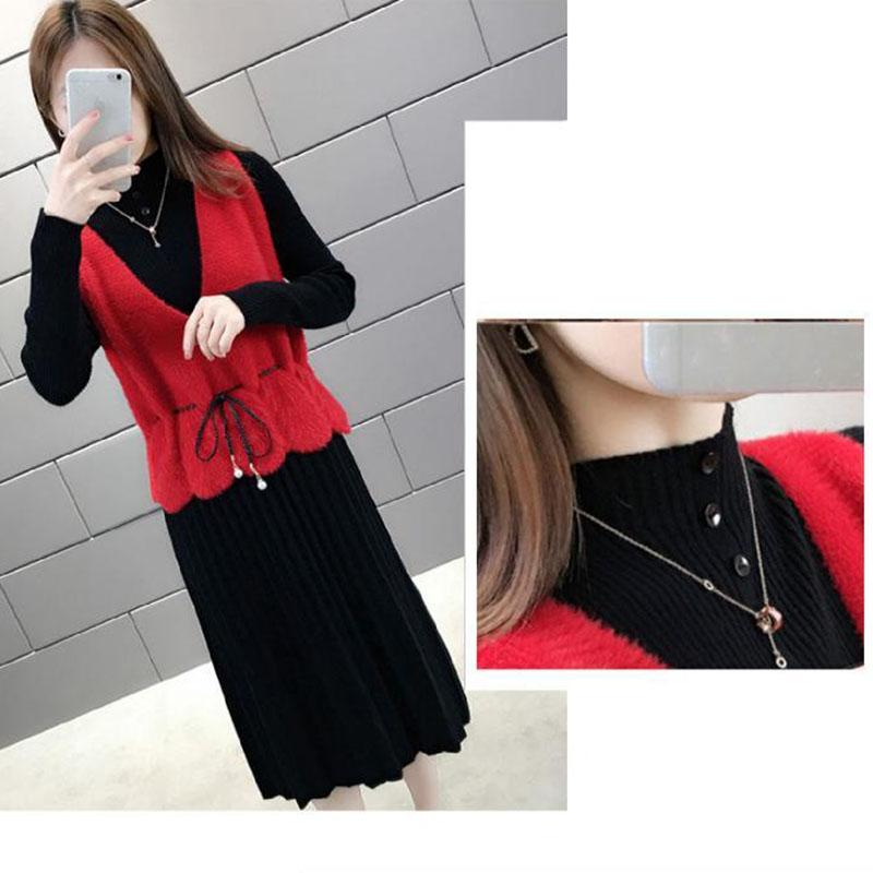 Women's Sweater Dress Set Autumn Waist Knit Mohair Vest and High Neck Slim Sweater Dress Two-piece Suit Ladies Outfits