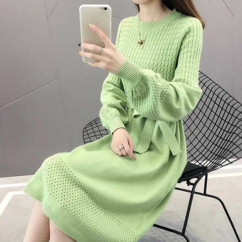 Knit Dress Women Autumn and Winter Loose Mid-length Over-the-knee Sweater Bottoming Tie Belt Slim-fit Sweater Dress Puff Sleeve Sweater