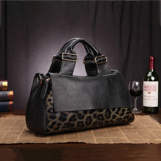 Personality Leopard Big Black Genuine Leather Top-Handle Bags Handbags Women Bags Luxury Large Capacity