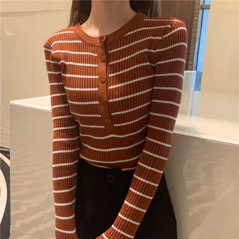 Spring and Autumn Slim Coat Striped Pattern Knitted Sweater Simple Female Female Top