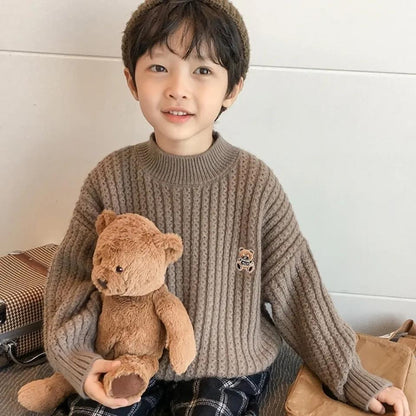 Boys' Sweaters Thickened Autumn and Winter Models of Bears, Big Children's Plus Velvet Turtleneck Pullovers, Girls' Tops