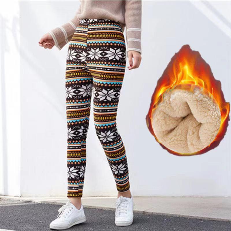 Plus Fleece Casual Pants Ladies Student Pants Multicolor Snowflake Fawn Trousers Plus Fat High Waist Stretch Pajamas Leggings