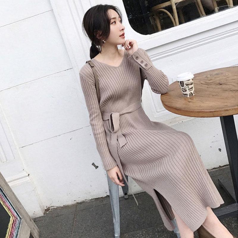 Autumn and Winter Slim V-neck Sweater Dress Long Over-the-knee Sweater Dress Fashion Inner Base Dress