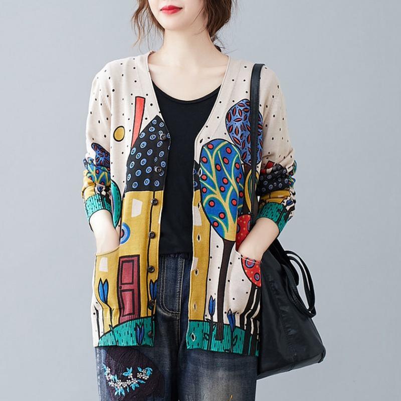 Vintage Art Plus Size V-neck Cardigan Coat Printed Long-sleeved Sweater Women Knitted Jacket with Pockets