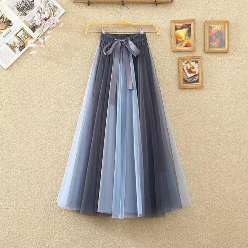 Spring and Summer Thin Two-color Stitching Fairy Tutu Skirt Mid-length Mesh Skirt A-line Small Fragrance Girl