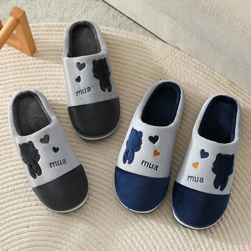 Cotton Slippers for Women Pink Cute Bear Heart Embroidery Home Slippers Thick Fleece Warm Shoes Mens Plus Size Slippers Home Non Slip Blue Black Gray