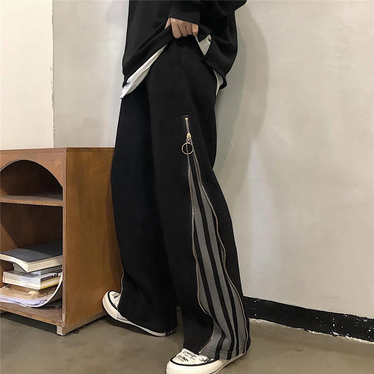 Spring and Autumn  Wide Leg Sports Striped Plus Velvet Zipper Color Matching Casual Pants Loose Hip Hip Straight Tube Women's Trousers Tide