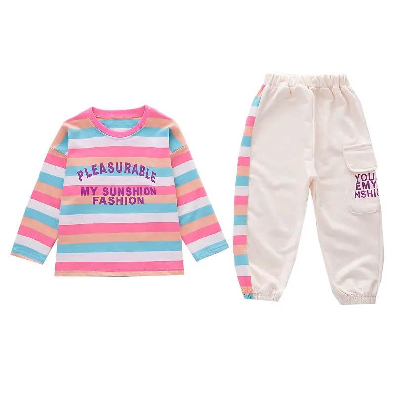 Girls Spring and Autumn Clothes Comfortable Loose Long Sleeves + Casual Pants Suits Girls Baby Color Stripes Cute Two-piece Set