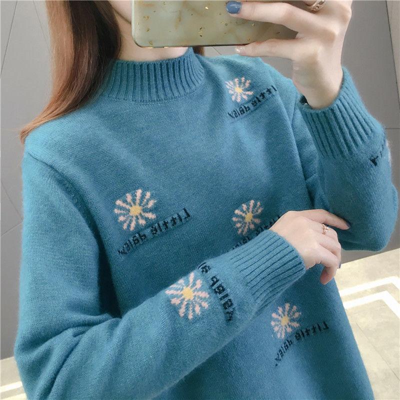 Autumn and Winter Half High Neck Pullover Sweater Loose Jacquard Simple Bottoming Shirt Thick Knitted Women Sweater