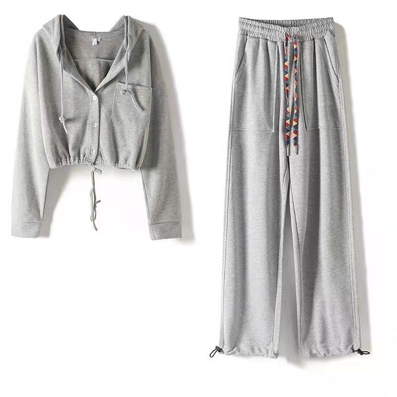 2PCS Women Solid Hooded Suit Loose Long-sleeved Sweater High-waisted Wide-leg Pants Two-piece Set Spring/Summer Sports Casual Sets Ladies Casual Suits