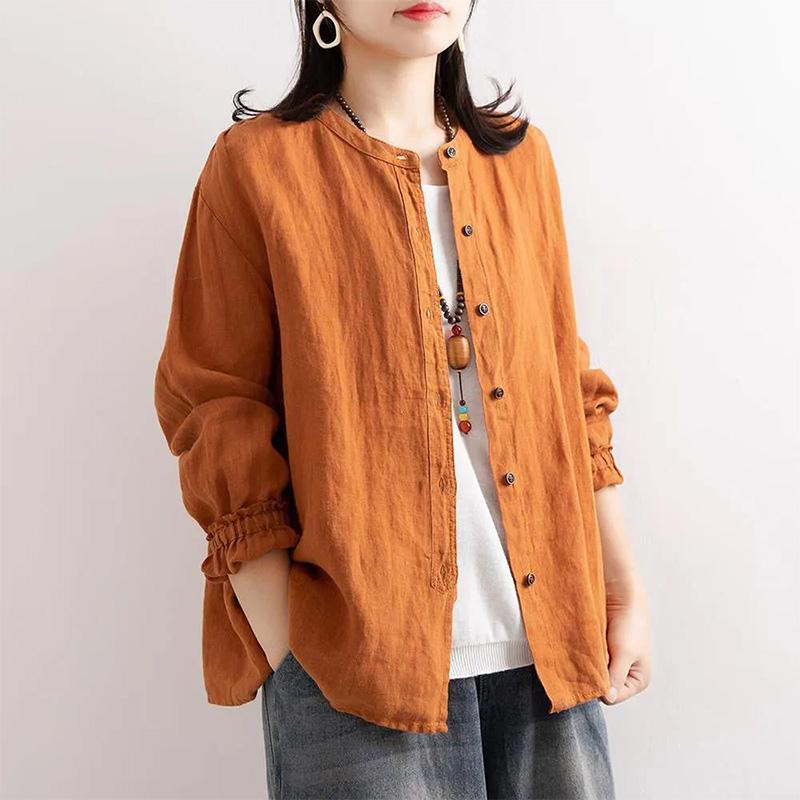 Literary Retro Spring and Autumn Cotton and Linen Shirt Women's Loose Round Neck Shirt Jacket Casual Jacket Closed Sleeve Top Women